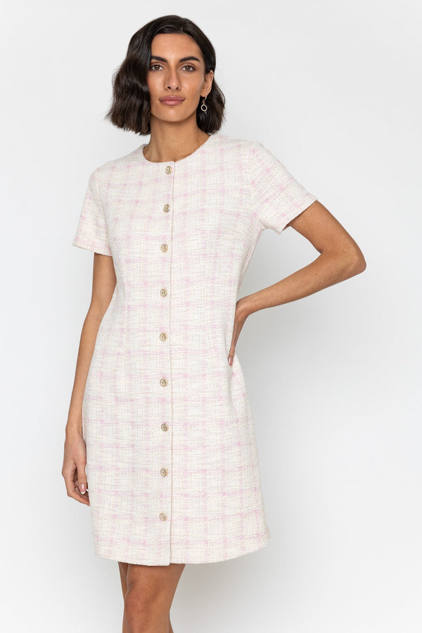 Carraig Donn Pink Bouclé Dress with Gold Button Detail