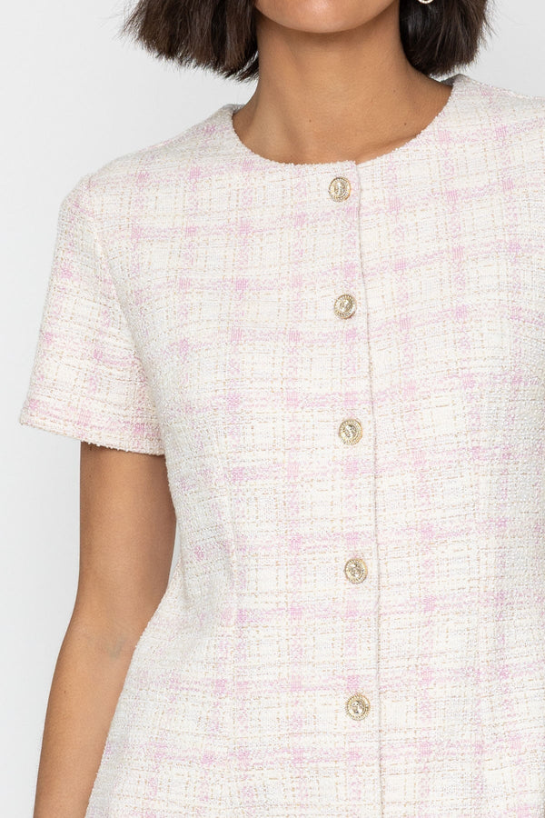 Pink Boucl Dress with Gold Button Detail | Ladies Dresses Carraig Donn Pink Boucl Dress with Gold Button Detail | Ladies Dresses Carraig Donn