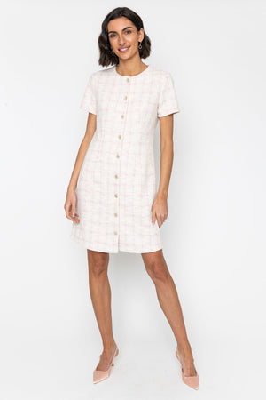 Carraig Donn Pink Bouclé Dress with Gold Button Detail