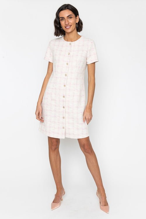 Carraig Donn Pink Bouclé Dress with Gold Button Detail