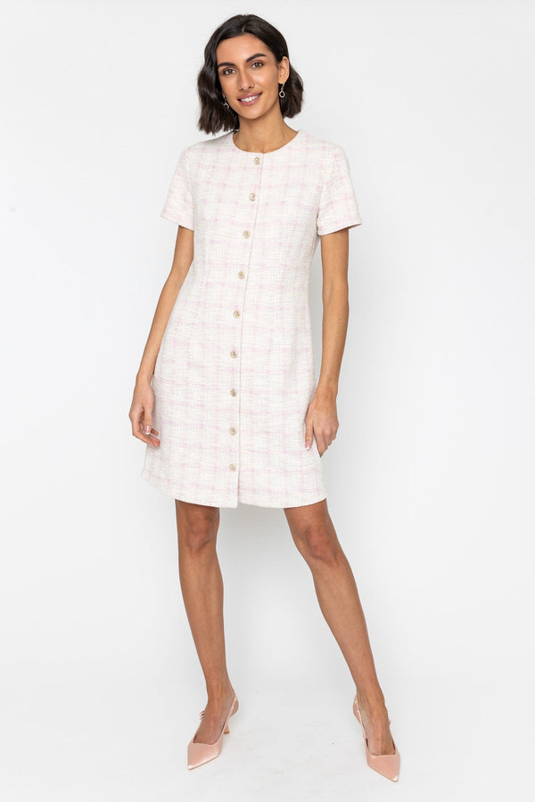 Pink Bouclé Dress with Gold Button Detail