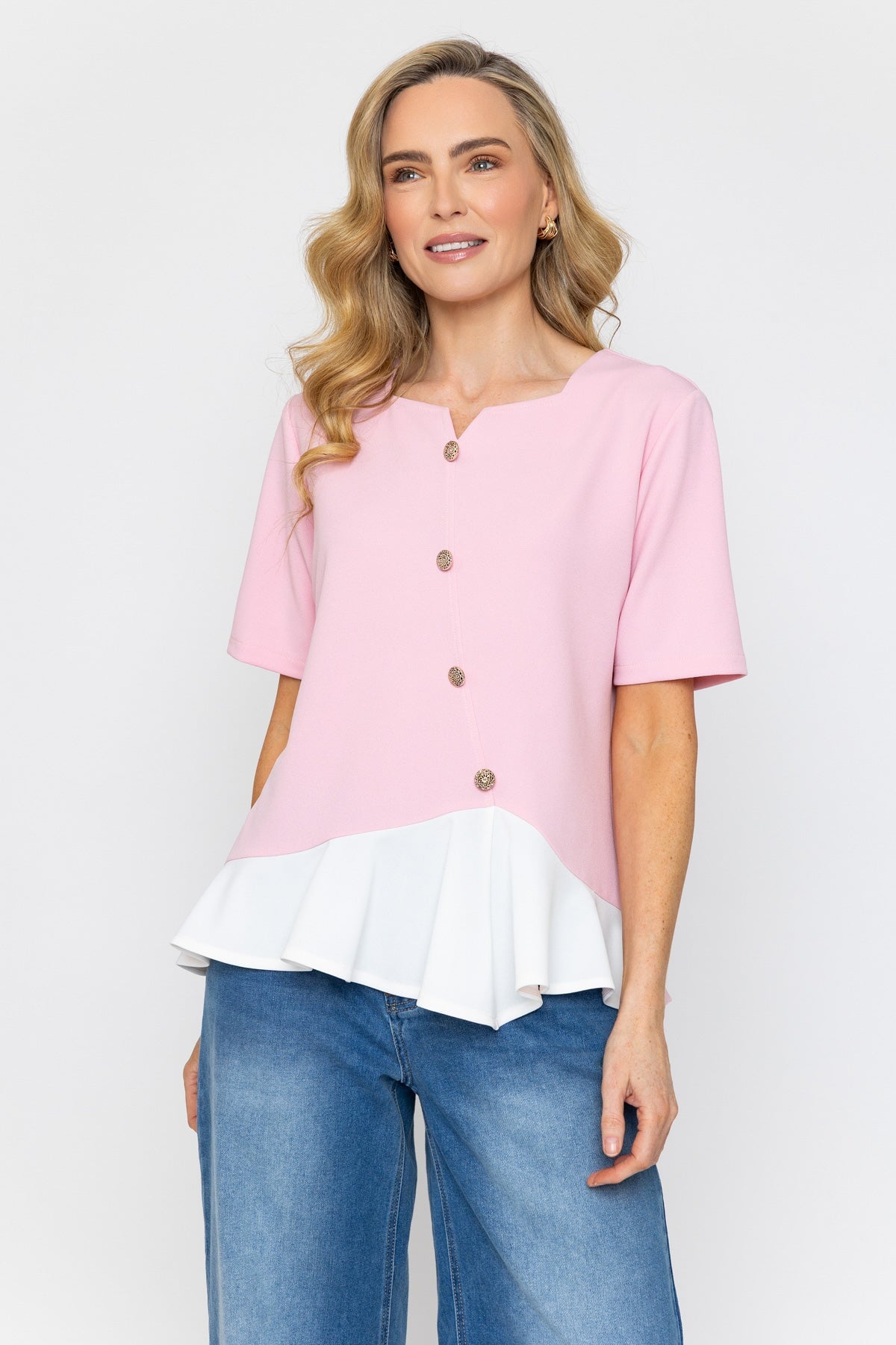 Pink Button Down Contrast Top