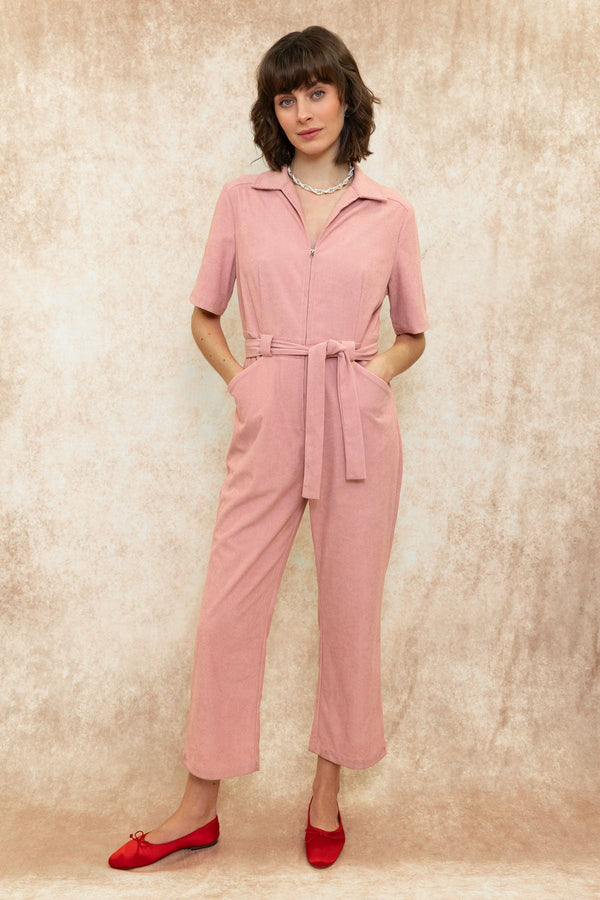 Carraig Donn Pink Corduroy Short Sleeve Belted Jumpsuit