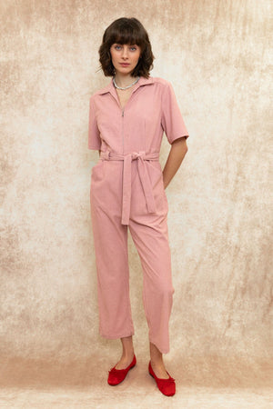 Carraig Donn Pink Corduroy Short Sleeve Belted Jumpsuit