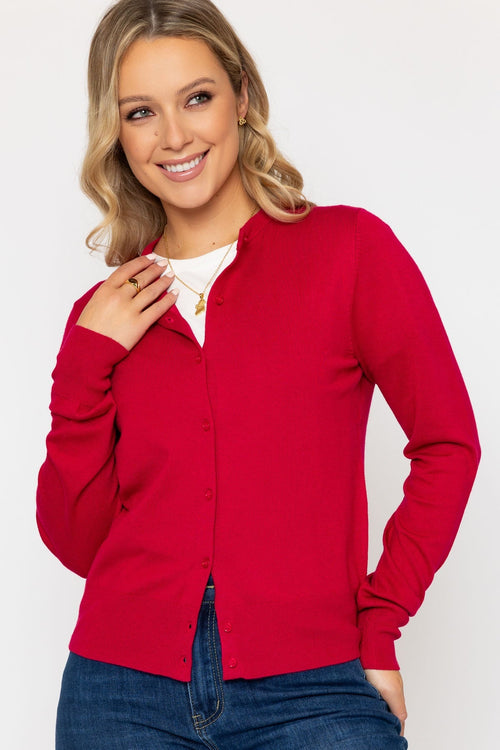 Pink Fine Gauge Crew Neck Cardigan