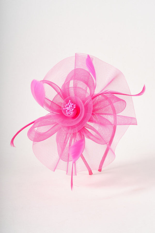 Carraig Donn Pink Flower & Feather Fascinator