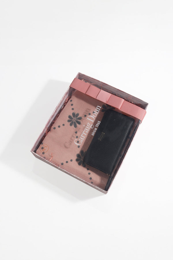 Carraig Donn Pink Flower Scarf & Black Purse Gift Set