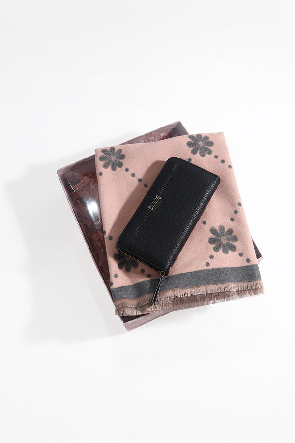 Carraig Donn Pink Flower Scarf & Black Purse Gift Set