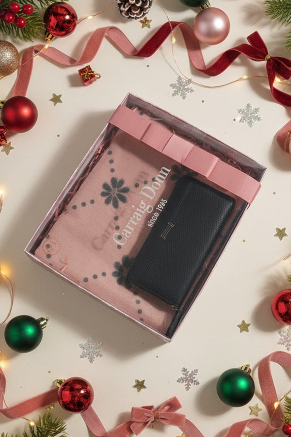 Carraig Donn Pink Flower Scarf & Black Purse Gift Set