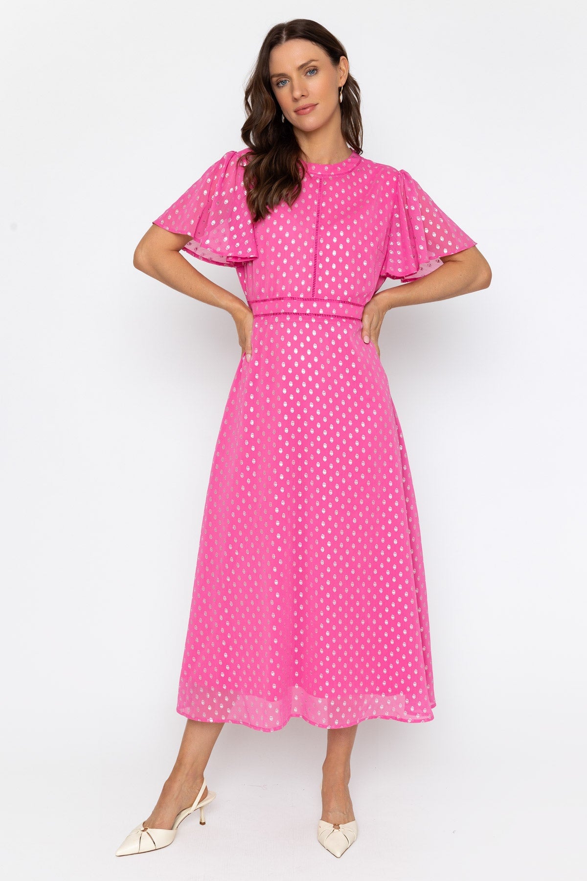 pink and gold midi dress Kendry Boutique | Pink Jacquard Dress main image 0