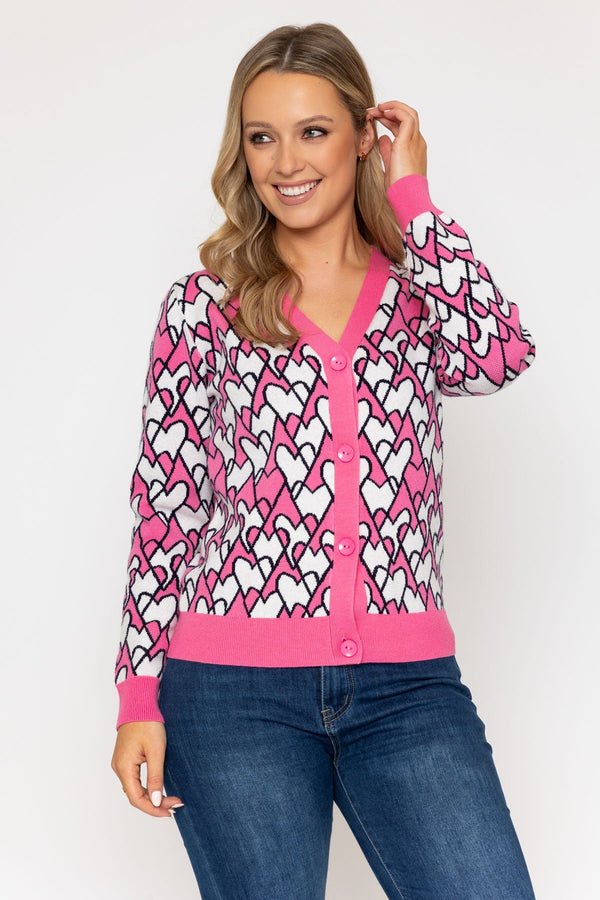 Carraig Donn Pink Jacquard Heart Cardigan