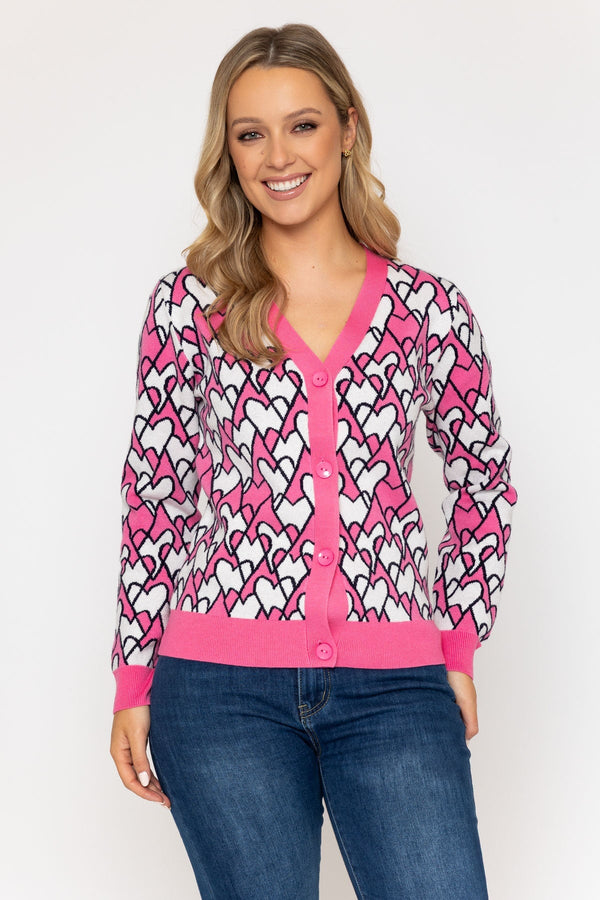 Carraig Donn Pink Jacquard Heart Cardigan