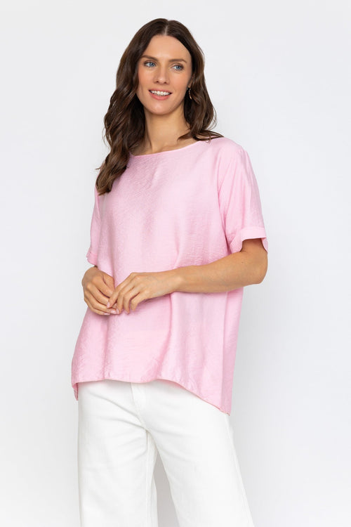 Pink Linen Like Top with Back Buttons