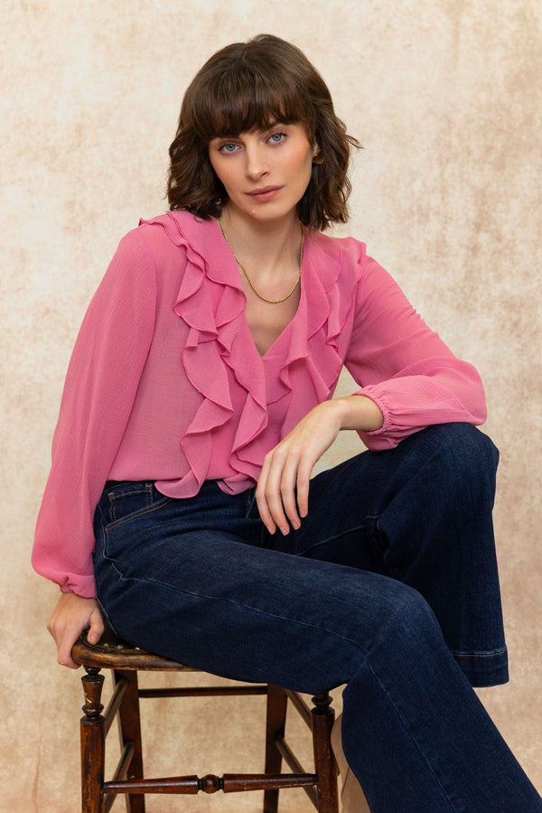 Carraig Donn Pink Long Sleeve Flounced Blouse