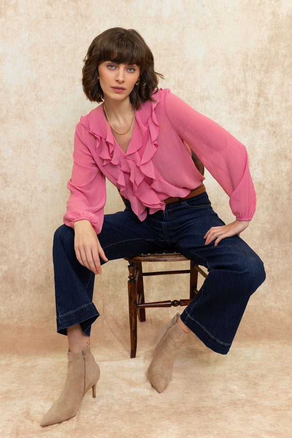 Carraig Donn Pink Long Sleeve Flounced Blouse