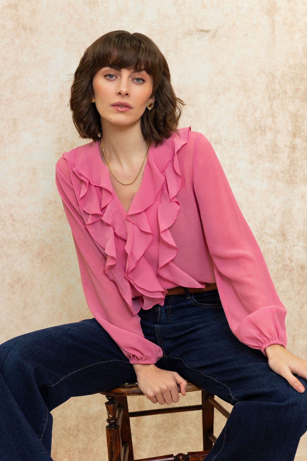 Pink Long Sleeve Flounced Blouse