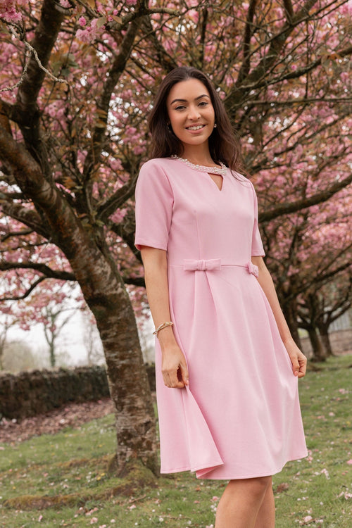 Pink Pearl Neck Knee Length Dress