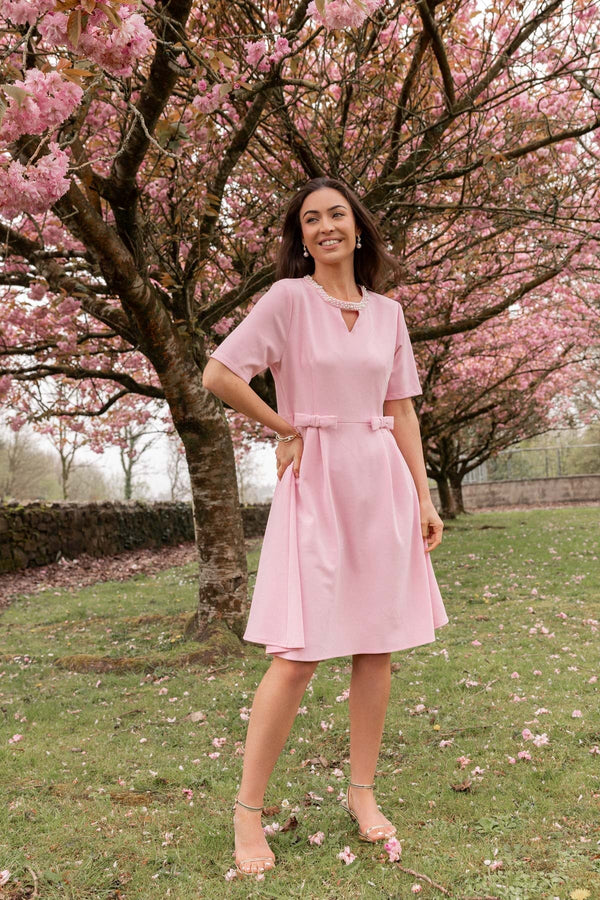 Pink Pearl Neck Knee Length Dress | Ladies Fashion
