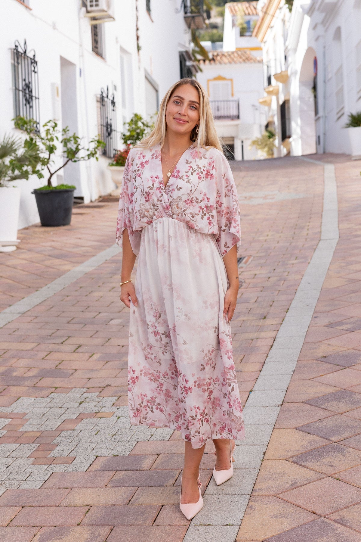 Pink Print Empire Waist Midi Dress