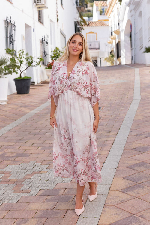 Pink Print Empire Waist Midi Dress