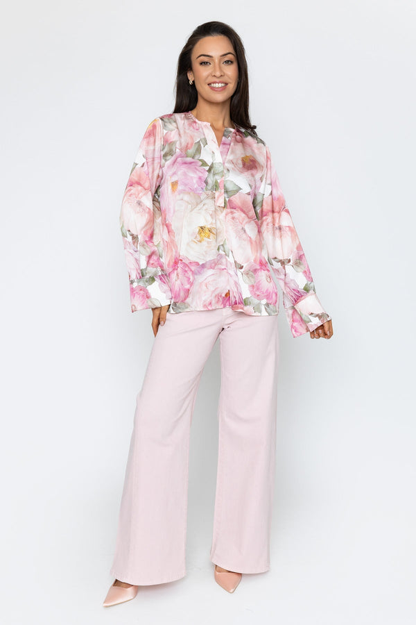 Carraig Donn Pink Print Sateen Long Sleeve Blouse