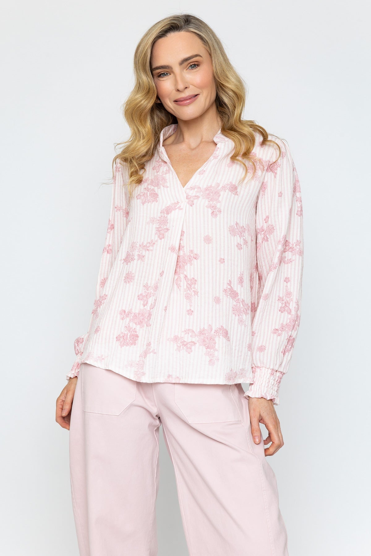 Pink Printed Collarless Top