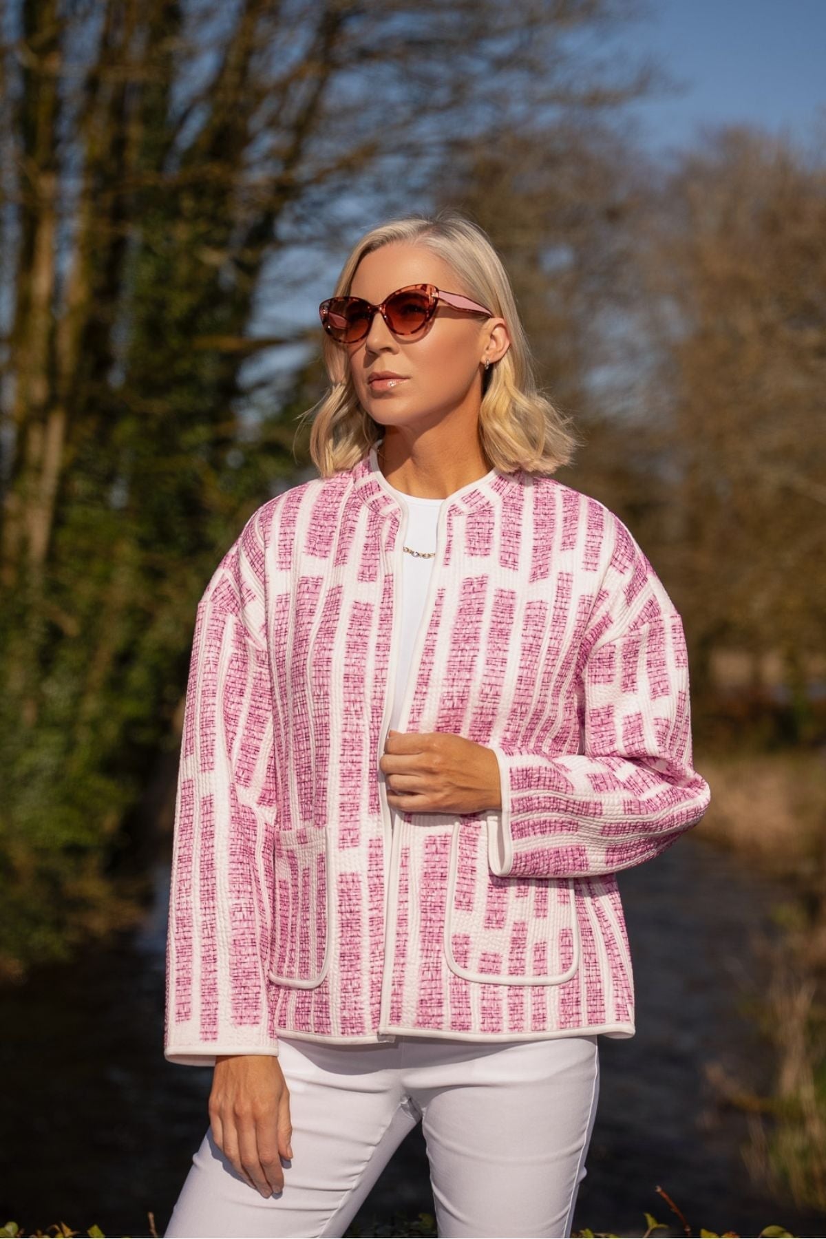 Pink Printed Jersey Jacket With Patch Pockets