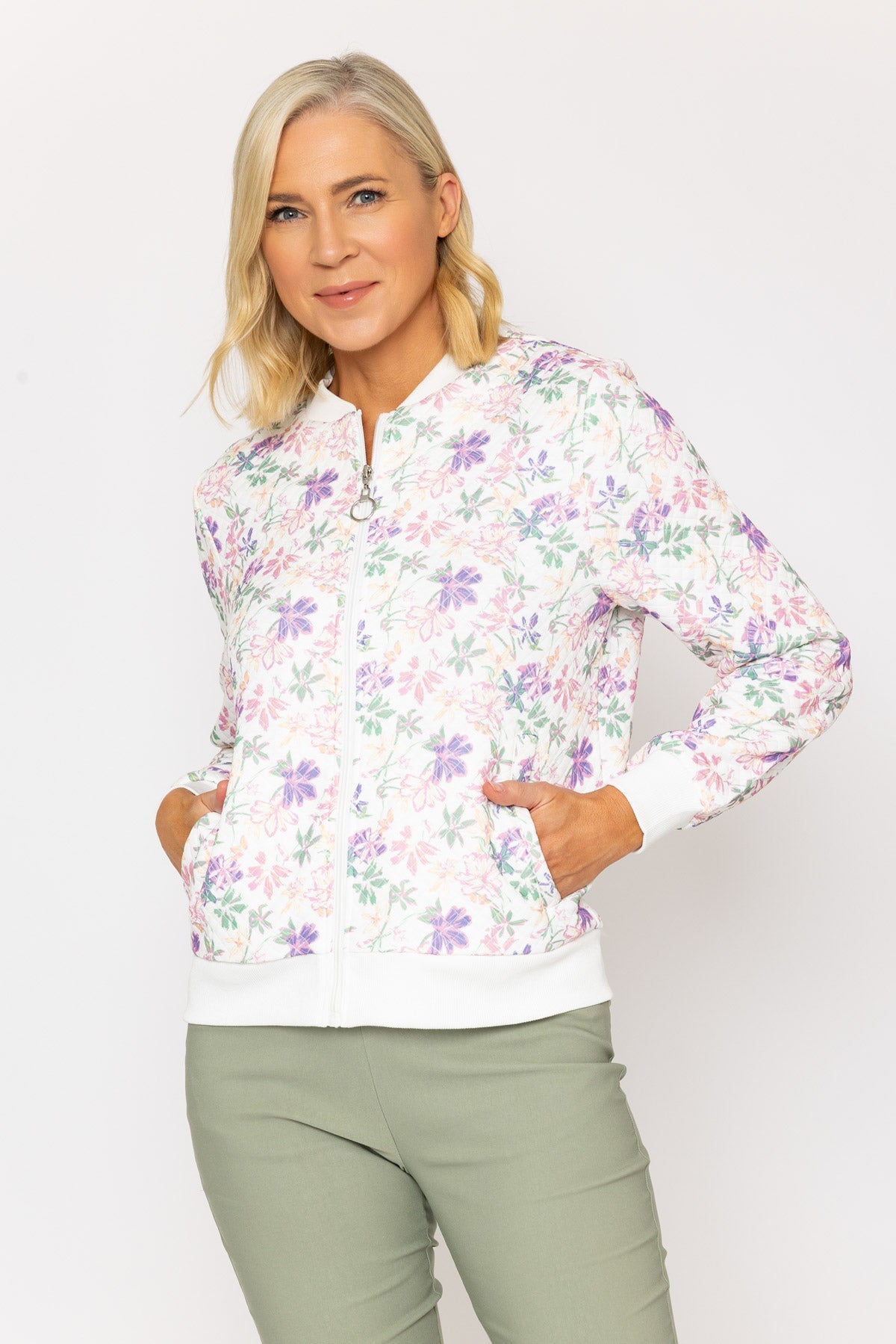 Pink Printed Textured Jersey Bomber Jacket