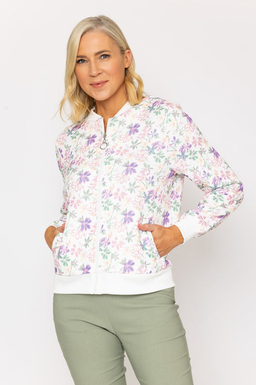 Pink Printed Textured Jersey Bomber Jacket