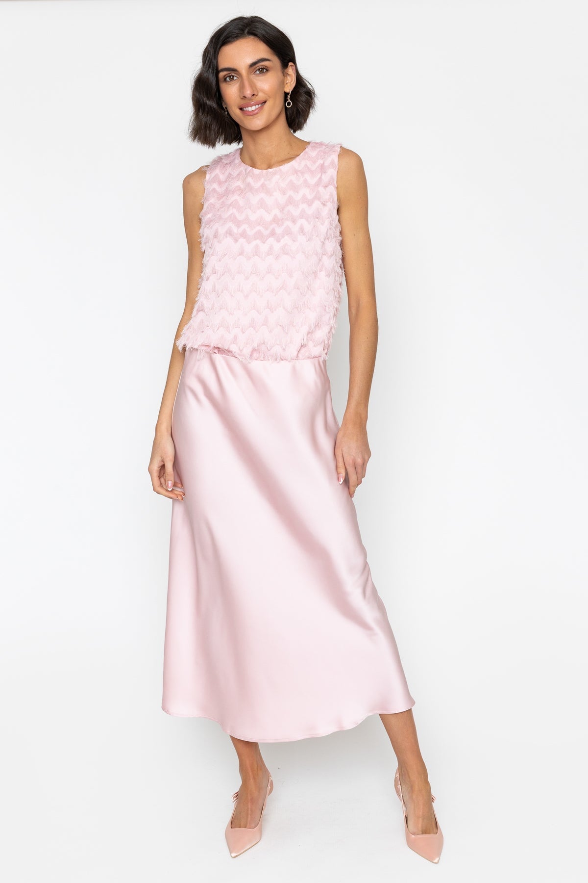 Pink Satin Midi Skirt