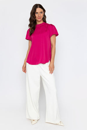Carraig Donn Pink Satin Top with Ruffle Neck