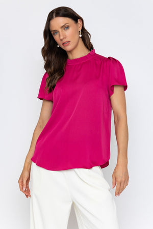 Carraig Donn Pink Satin Top with Ruffle Neck