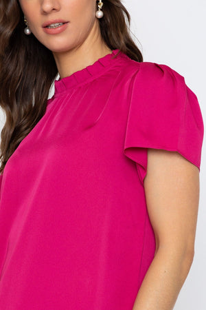 Carraig Donn Pink Satin Top with Ruffle Neck