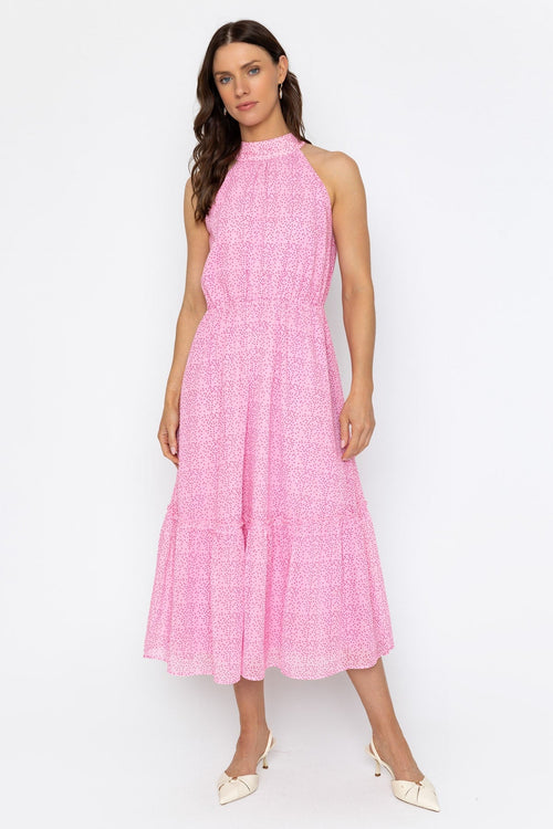 Pink Polka Dot Halter Neck Midi Dress