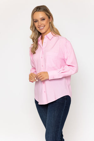 Carraig Donn Pink Stripe Shirt with Front Pocket Detail