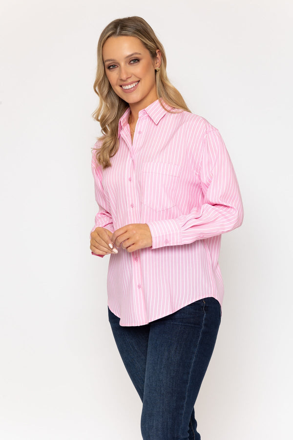 Carraig Donn Pink Stripe Shirt with Front Pocket Detail