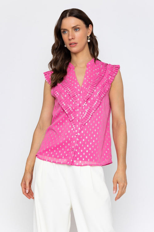 Pink Sleeveless Ruffle Top with Metallic Polka Dots