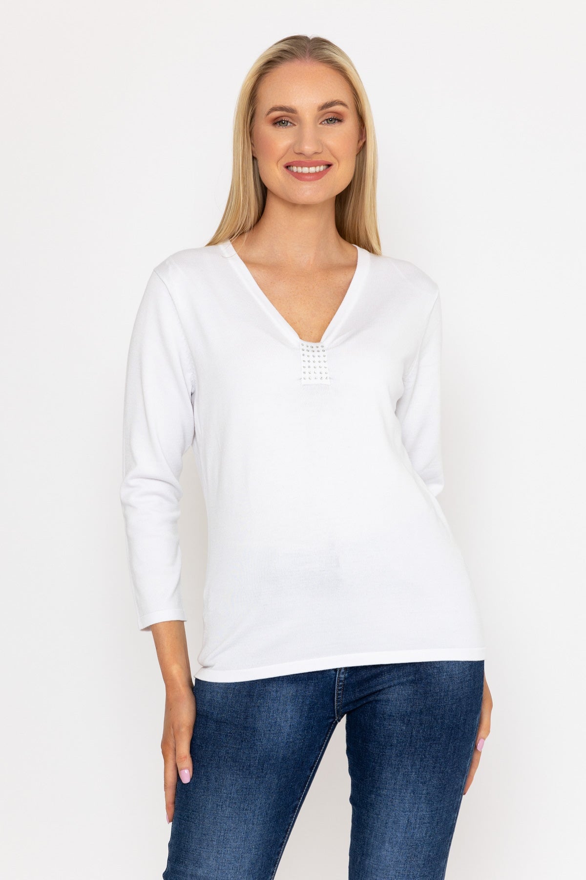 Plain Knit Sweater With Diamonte Detail in White