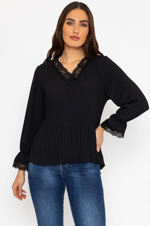 Pleated Lace Trim Top in Black