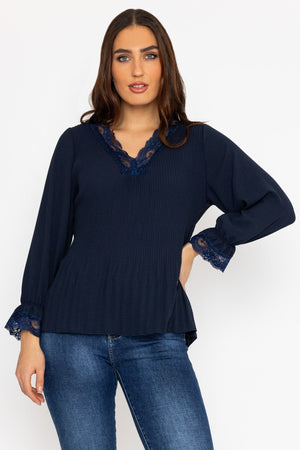 Pleated Lace Trim Top in Navy