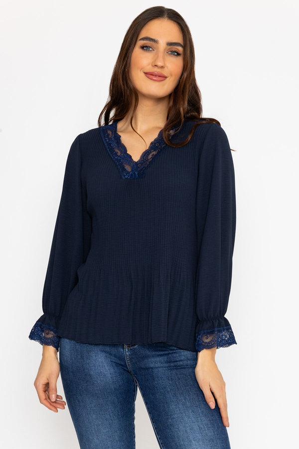 Carraig Donn Pleated Lace Trim Top in Navy