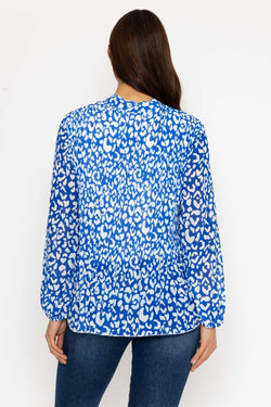 Carraig Donn Pleated Pussybow Blouse in Blue Animal Print