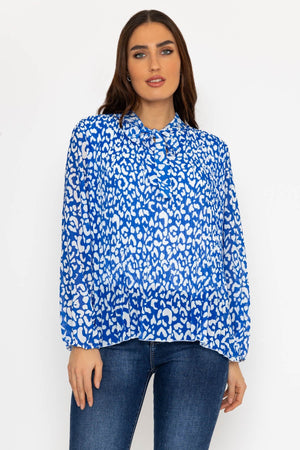 Pleated Pussybow Blouse in Blue Animal Print