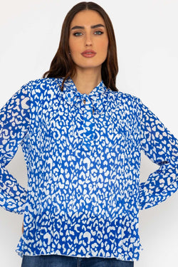 Carraig Donn Pleated Pussybow Blouse in Blue Animal Print