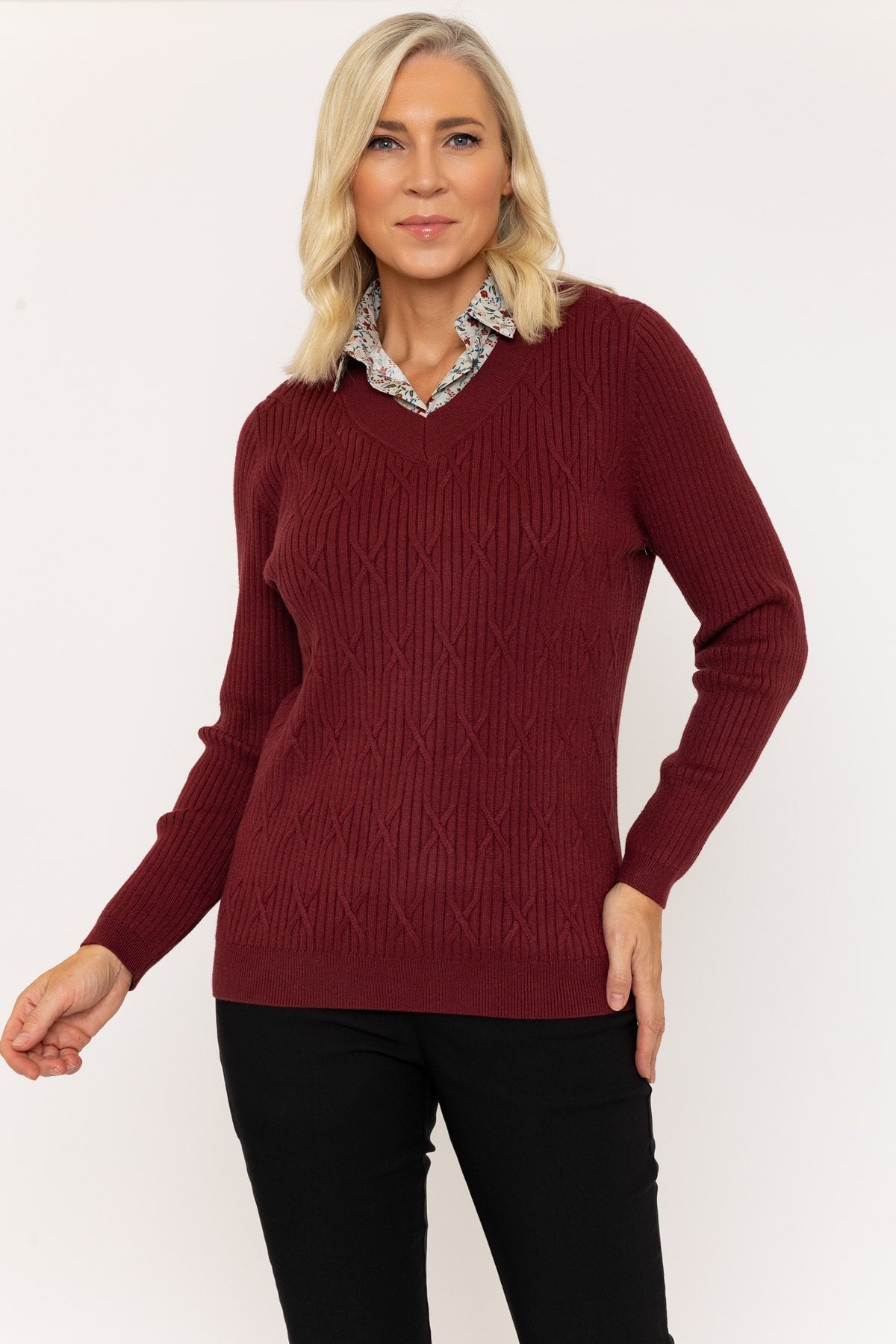 Print Shirt Collar Knit Jumper in Burgundy