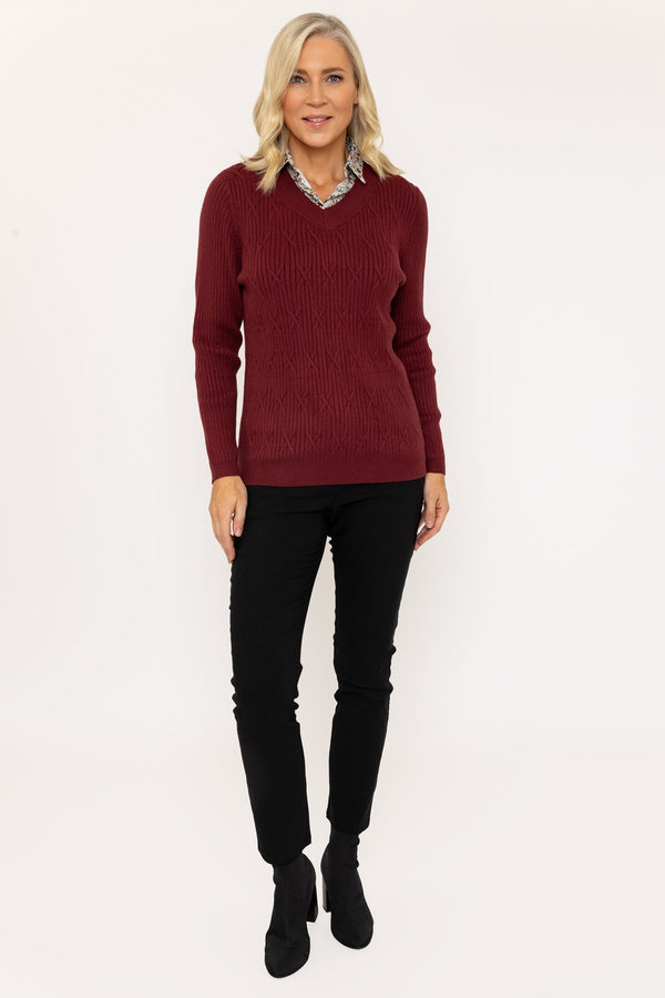 Carraig Donn Print Shirt Collar Knit Jumper in Burgundy