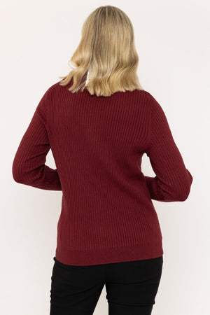 Carraig Donn Print Shirt Collar Knit Jumper in Burgundy