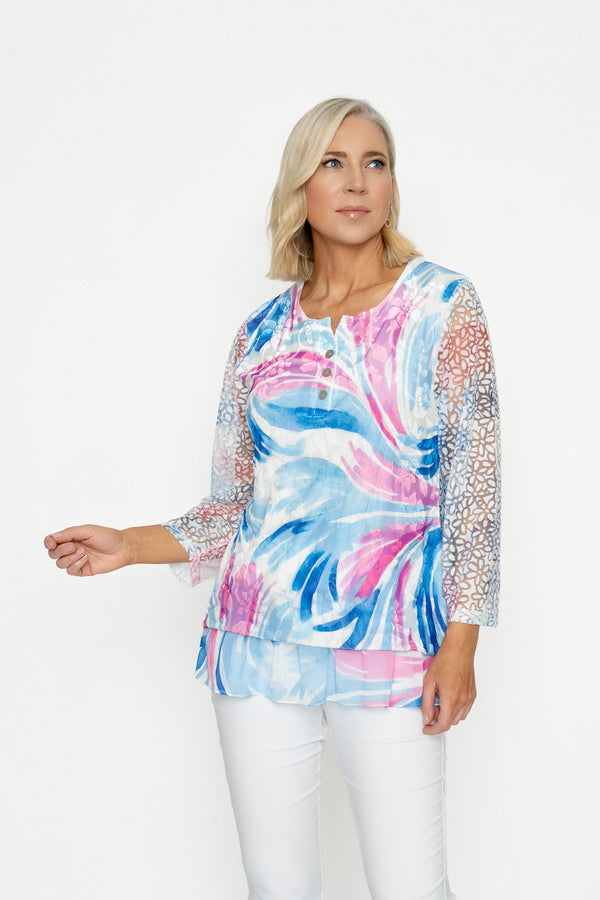 Carraig Donn Printed Dovore 3/4 Sleeve Top in Cobalt