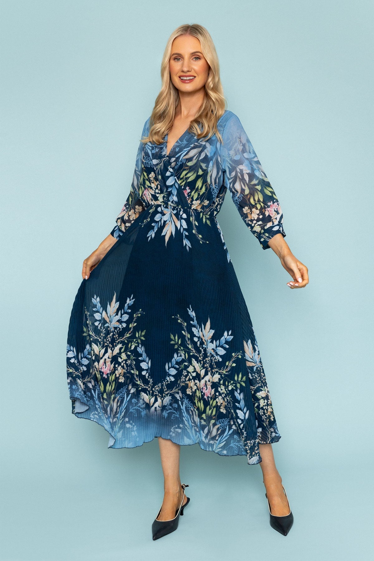 Printed Hannah Midi Dress in Navy