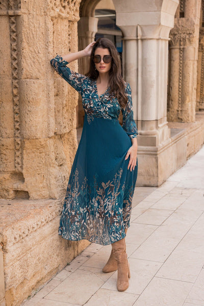 Printed Hannah Midi Dress in Teal